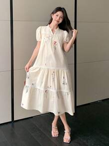 DAZY Vestido casual largo de verano para mujer con estampado floral, escote en V y mangas cortas abullonadas