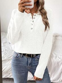 SHEIN LUNE Suéter de punto de unicolor de invierno nuevo para mujer, con medio cierre y botones, cárdigan y parte superior tipo pullover - Blanco - Ver 6