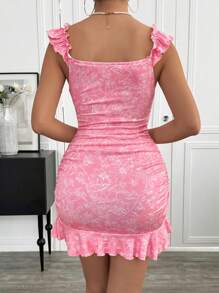 Breezaya Vestido casual midi de mujer con estampado floral, detalle de lazo frontal y volante en el bajo - Rosa Pálido - Ver 2