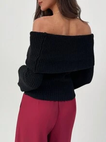Aloruh Women's Off-Shoulder Long Sleeve Fitted Warm Leather Button Stylish Sweater, Autumn/Winter