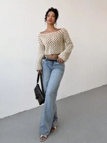 SHEIN Unity 手工钩织镂空短款套头毛衣，休闲长袖上衣，春秋针织套头衫，秋冬毛衣 - 杏色 - 查看 3