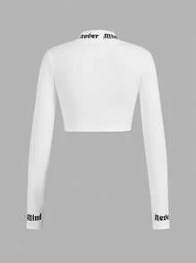 SHEIN ICON Camiseta de manga larga ajustada y corta con cuello alto en estilo Y2K, a juego para familia/hermanas en negro y blanco