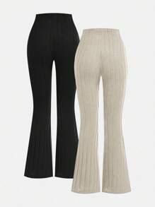 2pcs/Set Teen Girl Ribbed Knit Flare Pants, Black & Gray, Autumn/Winter - Multicolor - View 2