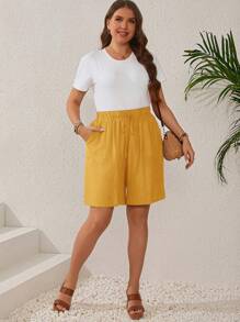 EMERY ROSE Plus Size Women's Texture Striped Elastic Waist Drawstring Pocketed Straight Dark Blue Shorts For Summer - Yellow - View 5