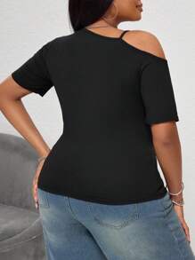 INAWLY Áo thun dài tay cổ bất đối xứng in chữ cỡ lớn, áo thun họa tiết, áo nữ mùa hè cho mùa xuân - màu đen - Xem 2