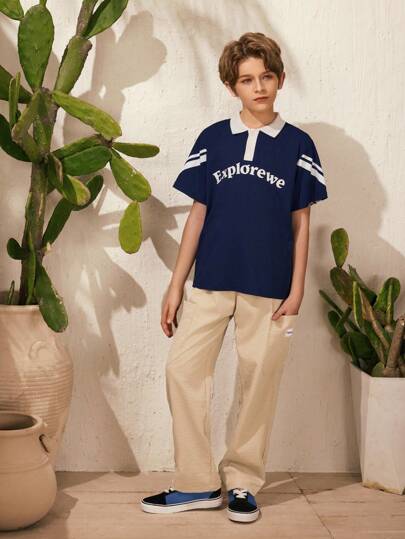 SHEIN 2 件套 男童纯色拼布短袖图案印花上衣和裤子套装