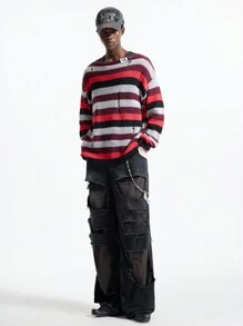 NEON BLANC Herren Streetstyle gestreifter Loose Fit Rundhals Pullover, für Herbst und Winter