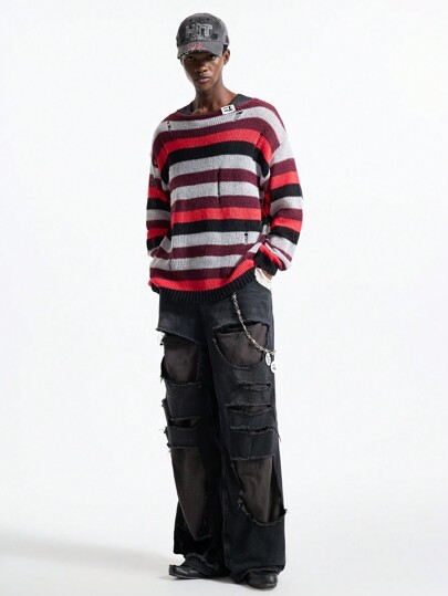 NEON BLANC Suéter de cuello redondo holgado con rayas, estilo urbano para hombre, para otoño e invierno