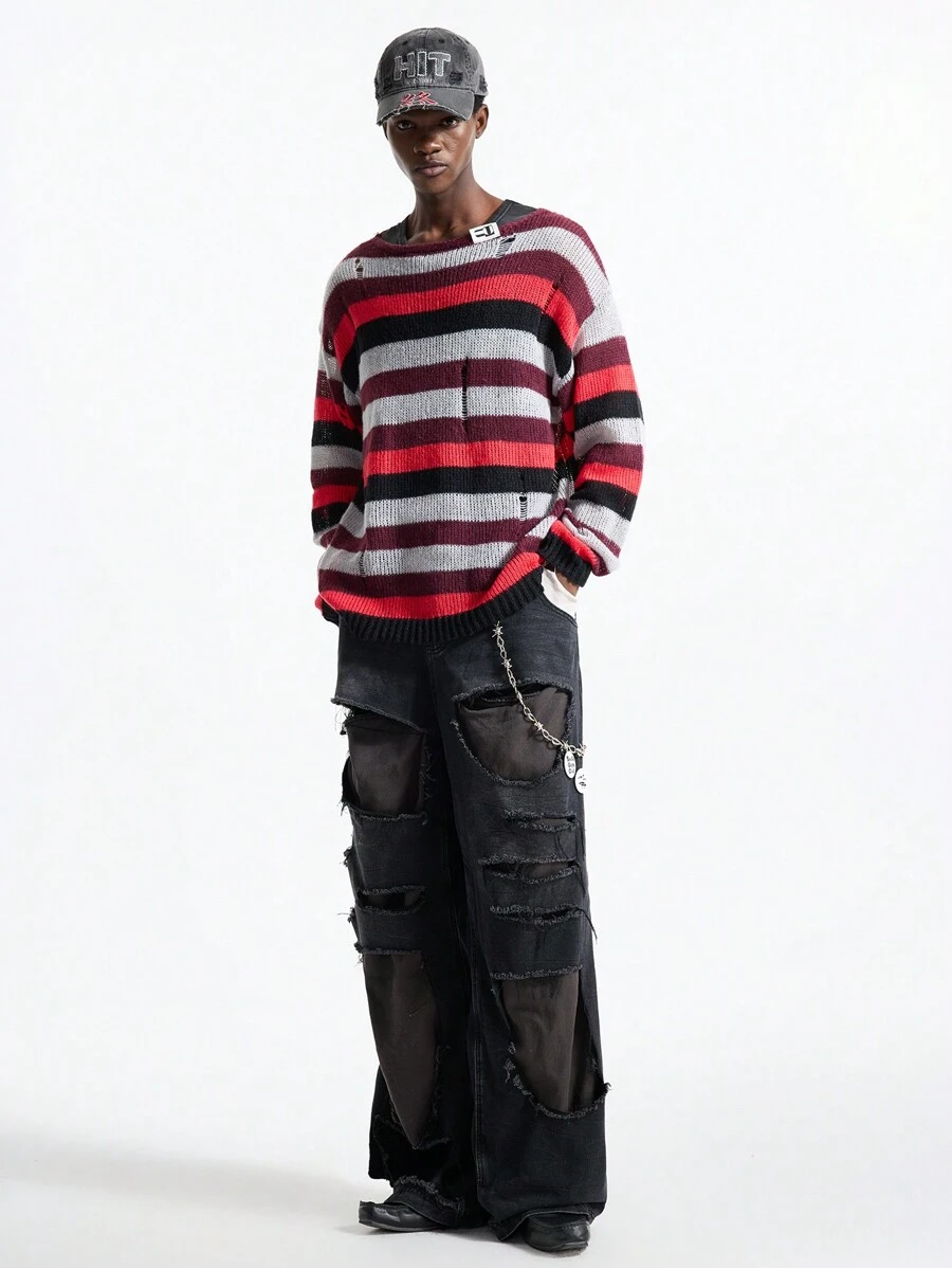 NEON BLANC Herren Streetstyle gestreifter Loose Fit Rundhals Pullover, für Herbst und Winter