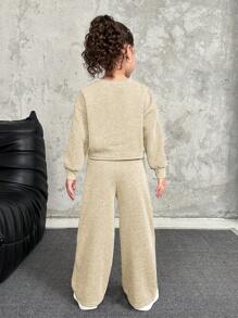 SHEIN Leap Crew 2pcs Young Girl Casual Loose Drop Shoulder Sweatshirt With Embellished And Pleated Sweatpants Set, Suitable For Home, Outdoor And School, Apricot Color, Autumn/Winter - Apricot - View 2