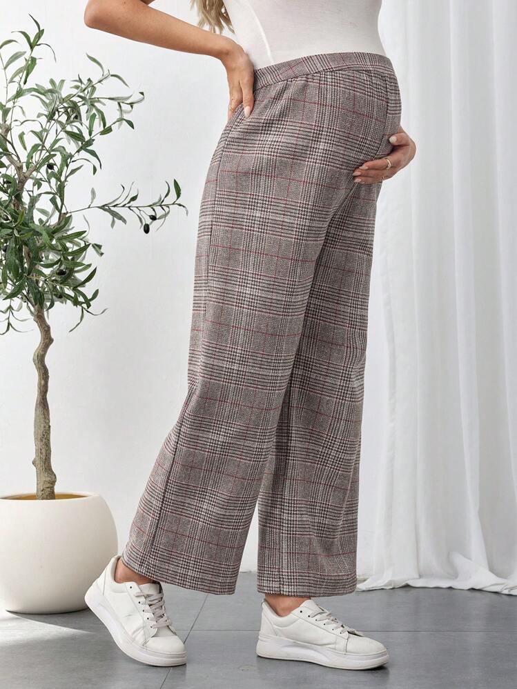 SHEIN Maternity Loose Plaid Casual Straight Pants - Coffee Brown - View 1