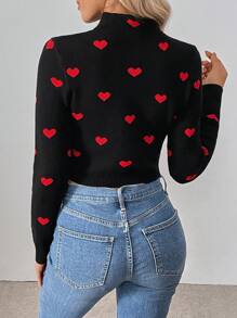 SHEIN LUNE Jersey corto de mujer con cuello alto, manga larga y patrón de corazones, para otoño/invierno