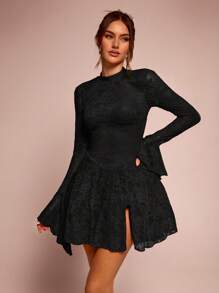 SHEIN BAE Solid Red Sexy Minimalist Long Sleeve Mock Neck Fitted Lace Puff Dress With Backless Hollow Design, Suitable For Cocktail Party, Romantic Date, Autumn/Winter Base Layer, Party, Formal Gathering, Night Out, Wedding Guest Dress,Valentine's Day,Valentine Outfits For Women - Black - View 6
