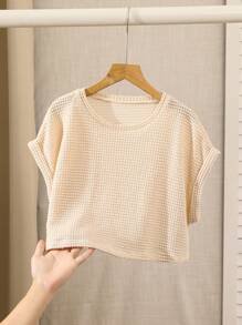 SHEIN Top mit Rundhalsausschnitt und kurzen Ärmeln in einfarbigem Strick für Tween-Mädchen, Frühling/Sommer