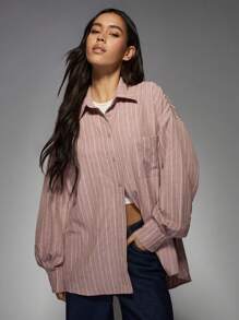 MISSGUIDED Oversized Button-Down Striped Shirt Casual Long Sleeve Collared Blouse Lightweight Business Casual Office Wear Spring Fall Fashion - Rust Brown - View 5