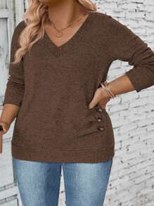 INAWLY Women's V-Neck Long Sleeve Side Button Decoration Pleated Soft Knit Casual Plus Size T-Shirt, Autumn/Winter