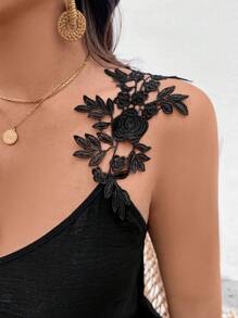 SHEIN LUNE Plus Size Women V-neck Floral Lace Tank Top, swobodny strój wakacyjny na lato
