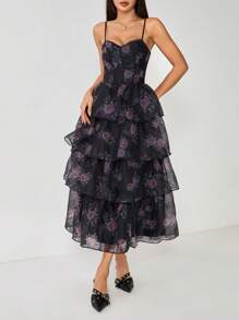 SHEIN PETITE Vestido negro estampado retro con cuello de encaje y diseño multicapa tipo pastel - Negro - Ver 4