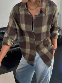 DAZY 休闲街头风格夏季宽松格子长袖翻领女衬衫，秋装，法兰绒女装 - 棕色 - 查看 6