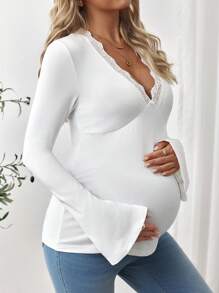 SHEIN Lace Patchwork Simplicity Maternity T-Shirt, White - White - View 2
