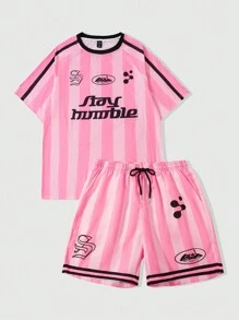 ROMWE MEN Prep Men's Jersey Striped College Style T-Shirt Set, Spring/Summer