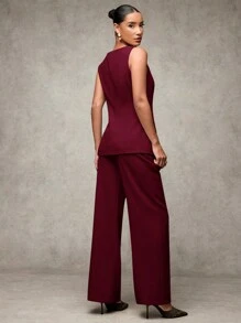 SHEIN BAE Women Solid Color Sleeveless Casual Top And Pants Set In Fall/Winter - Burgundy - View 5