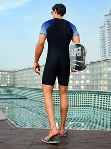 Surfspeed Men's Solid Color Panel Front Zip Up Slim Fit One Piece Swimsuit,Hawaiian