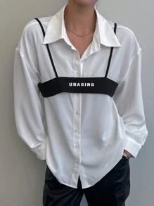 DAZY Set de 2 piezas Camisa de mujer con tirantes de color contrastante y estampado de letras, de manga larga y solapa suelta, conjunto de ropa de estar en casa para otoño para mujeres - Blanco - Ver 5