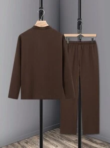 Manfinity Homme 男士纯色纽扣长袖衬衫和抽绳腰休闲裤套装，秋季