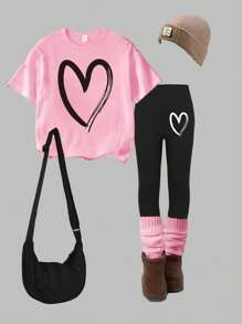 Sparklyn 青少年女孩休闲、时尚、简约心形图案短袖 T 恤和紧身裤 2 件套 - 彩色 - 查看 3