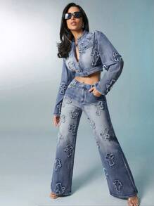 Denimoi Fashion Cross Patch Cropped Denim Jacket - Medium Wash - View 3