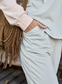 LanaWest Women Casual Color Block Hooded Sweatshirt Set