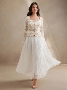 Anewsta 方领长袖修身蕾丝嵌件网眼腰带百褶裙优雅装扮，情人节，度假，新年 - 杏色 - 查看 5