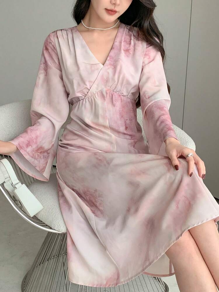 Women's V-Neck Long Sleeve Floral Print Midi Dress, Elegant Minimalist Style,Casual Women Dresses,Fall Dress
