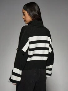 MISSGUIDED PLUS 条纹针织高领短款毛衣冬季服装 - 黑與白 - 查看 2