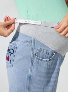 SHEIN Moderskap Tvåfärgad justerbar midja fickor med raka ben Casual jeans - Ljustvätt - Visa 5