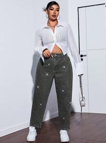 SHEIN ICON Jeans versátiles y casuales de talla grande para mujer con bolsillos, lentejuelas y rhinestones en forma de cono