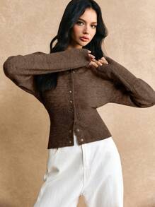 Poéselle كارديجان قصير رفيع الأكمام الطويلة بأزرار أمامية لون سادة بسيط كاجوال مصنوع من الصوف، كنزة صوفية نسائية، سترات نسائية شتوية، ملابس نسائية للخريف - قهوة بني - مشاهدة 6