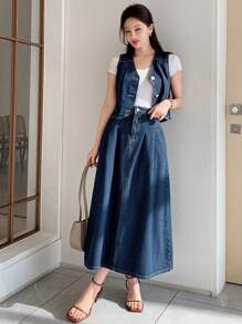 DAZY Damen Gewaschenene zweifarbige Denim-Weste und Denim Rock im Cowgirl-Stil, Frühling/Sommer