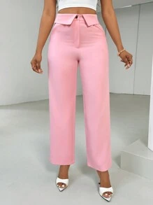 SHEIN Unity 女式纯色高腰卷腰斜口袋阔腿裤 - 粉色 - 查看 7