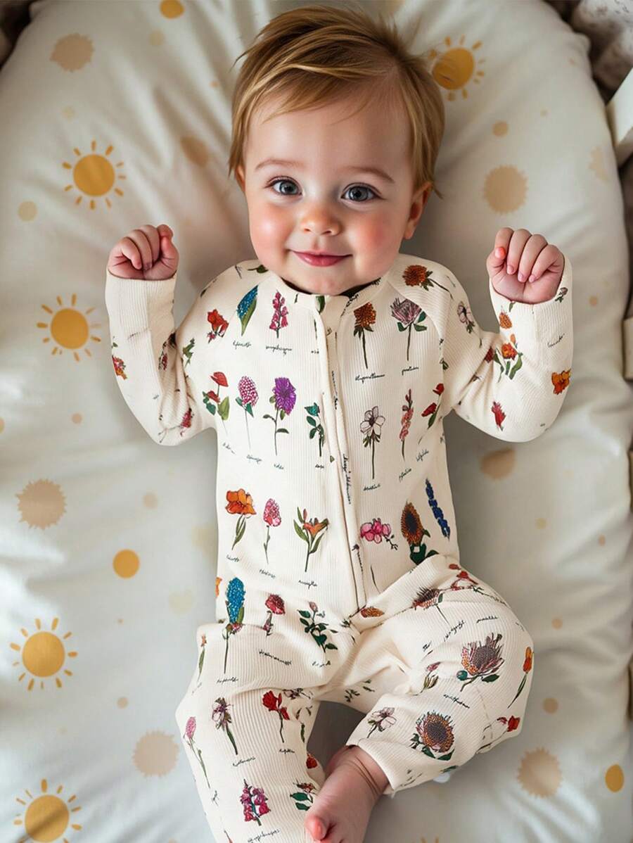 女婴花卉印花长袖拉链连体衣，配有可折叠脚套，罗纹，休闲家居服 - 杏色 - 查看 1