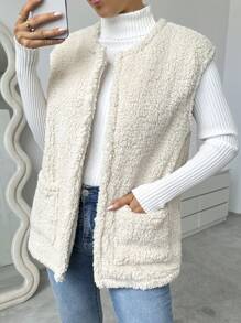 Chiquease Solid Color Sleeveless Pocket Casual Plush Jacket - Apricot - View 3