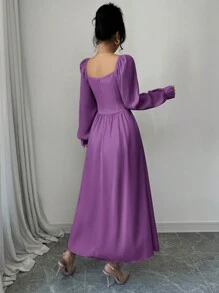 Mulvari Vrouwen effen kleur lange mouwen casual paars elegante jurk, eenvoudig en modieus voor dagelijks gebruik