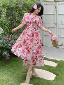 Joudiya Vestido midi floral vintage con cuello en V y mangas con volantes para mujer
