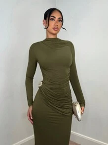 SHEIN BAE 优雅女士金属装饰长袖连衣裙，适合休闲约会、郊游、夜总会、派对、圣诞节、除夕、感恩节 - 軍綠色 - 查看 3