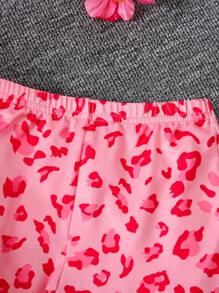 SHEIN 2pcs/Set Young Girl Cute & Chic Pink Leopard Print Puff Sleeve Shirt And Flared Pants Set - Pink - View 6