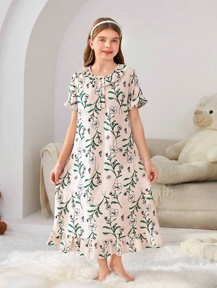 1pc Girls Tree Leaf & Flower Print Short Sleeve Nightgown Loungewear Set,Summer,Travel - Multicolor - View 1