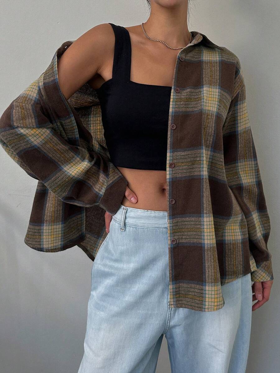 DAZY 休闲街头风格夏季宽松格子长袖翻领女衬衫，秋装，法兰绒女装 - 棕色 - 查看 1