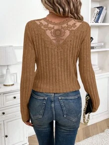 SHEIN Frenchy 女士纯色蕾丝拼布长袖休闲衬衫，日常穿着 - 卡其色 - 查看 1