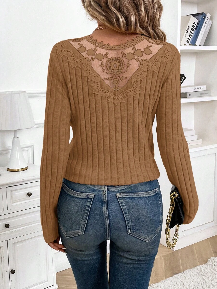 SHEIN Frenchy 女士纯色蕾丝拼布长袖休闲衬衫，日常穿着 - 卡其色 - 查看 1